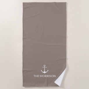 Nautical Custom Boat Name anchor greige beige Beach Towel