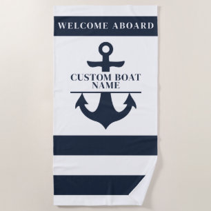 Nautical Custom Boat Name Anchor Navy Striped Beach Towel