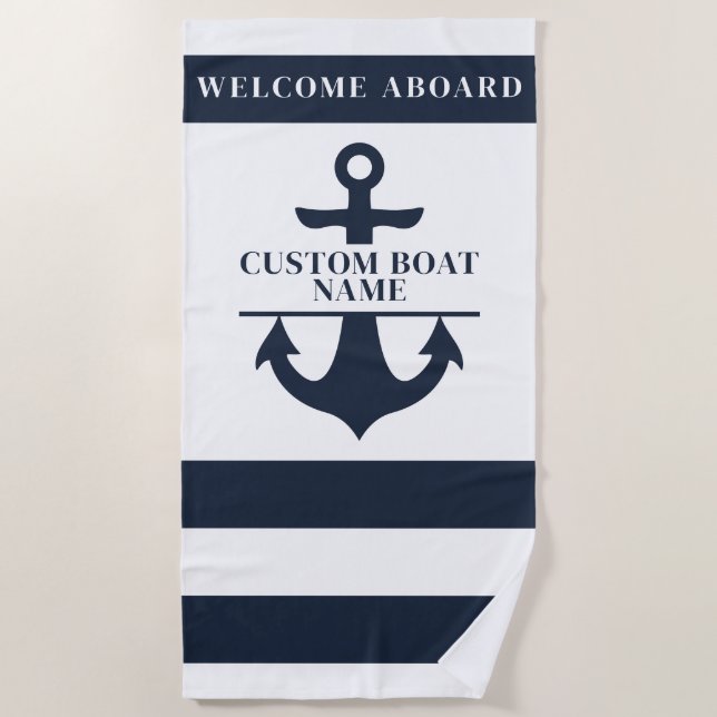 Nautical Custom Boat Name Anchor Navy Striped  Beach Towel (Front)