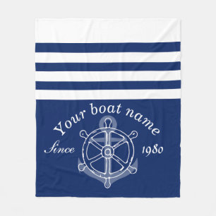 Nautical Custom Boat Name Anchor Wheel Navy Blue  Fleece Blanket