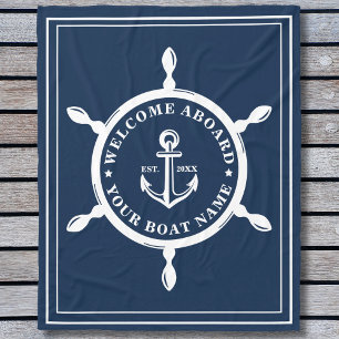 Nautical Custom Boat Name Anchor Wheel Navy Blue Fleece Blanket