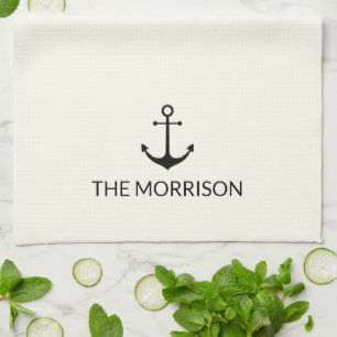 Nautical Custom Boat Name black anchor ivory Tea Towel