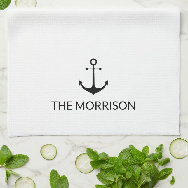 Nautical Custom Boat Name black anchor white  Tea Towel (Folded)