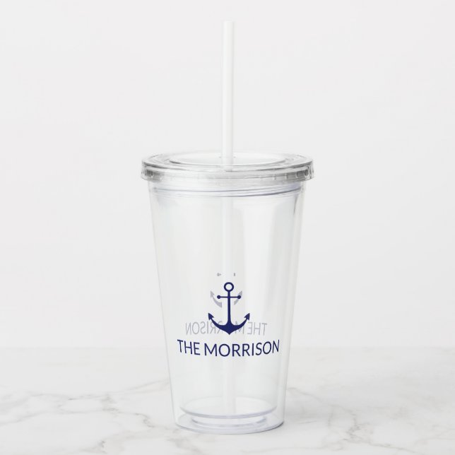 Nautical Custom Boat Name navy blue anchor Acrylic Tumbler (Front)