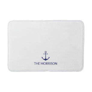 Nautical Custom Boat Name navy blue anchor white Bath Mat