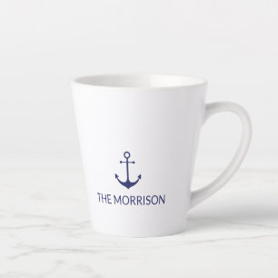 Nautical Custom Boat Name navy blue anchor white Latte Mug