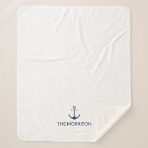 Nautical Custom Boat Name navy blue anchor white Sherpa Blanket