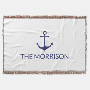 Nautical Custom Boat Name navy blue anchor white Throw Blanket