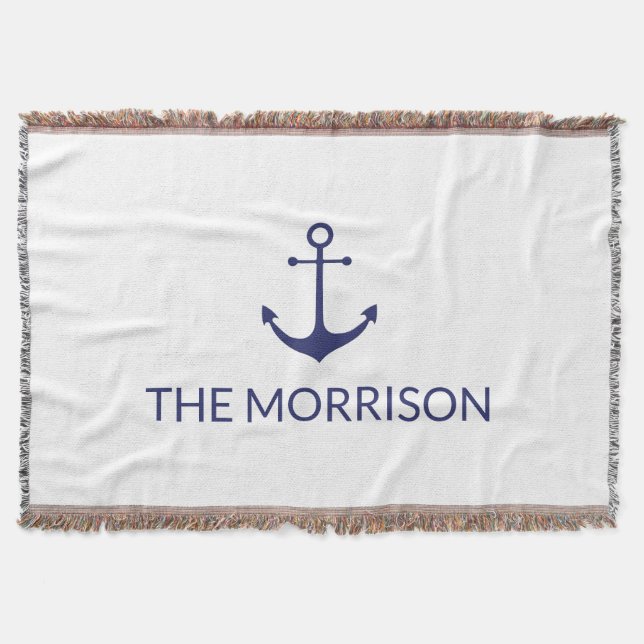 Nautical Custom Boat Name navy blue anchor white Throw Blanket (Front)