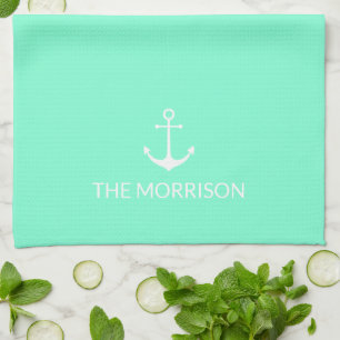Nautical Custom Boat Name white anchor aqua Tea Towel