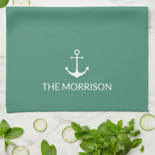Nautical Custom Boat Name white anchor aquamarine Tea Towel