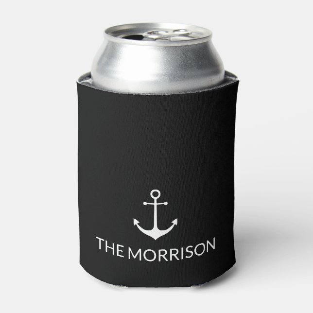 Nautical Custom Boat Name white anchor black Can Cooler (Can Front)