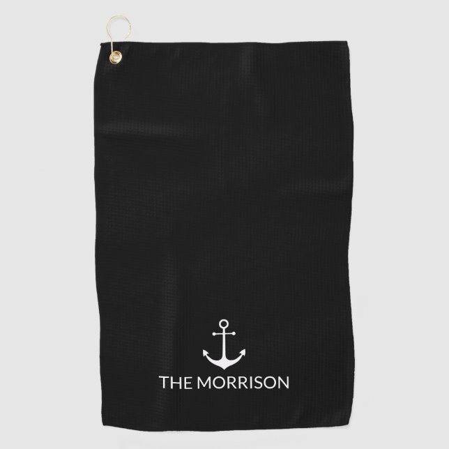 Nautical Custom Boat Name white anchor black Golf Towel (Front)