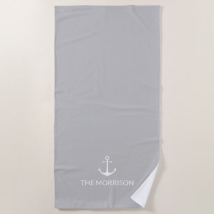 Nautical Custom Boat Name white anchor grey Beach Towel