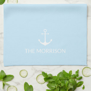 Nautical Custom Boat Name white anchor light blue Tea Towel