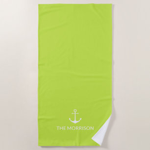 Nautical Custom Boat Name white anchor lime green Beach Towel