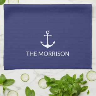 Nautical Custom Boat Name white anchor navy blue Tea Towel