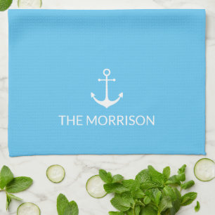 Nautical Custom Boat Name white anchor sky blue Tea Towel