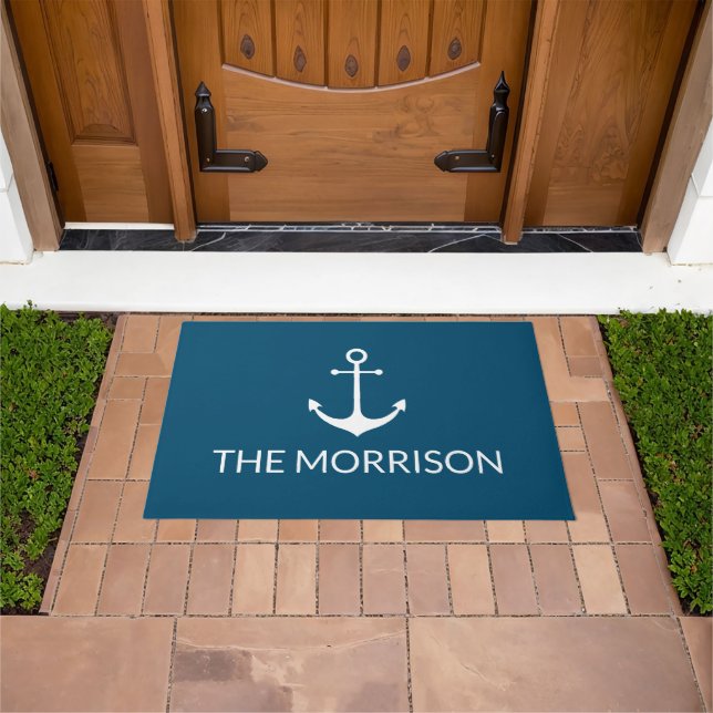 Nautical Custom Boat Name white anchor teal blue Doormat (Outdoor)