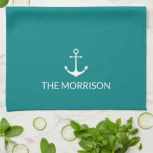 Nautical Custom Boat Name white anchor teal Tea Towel