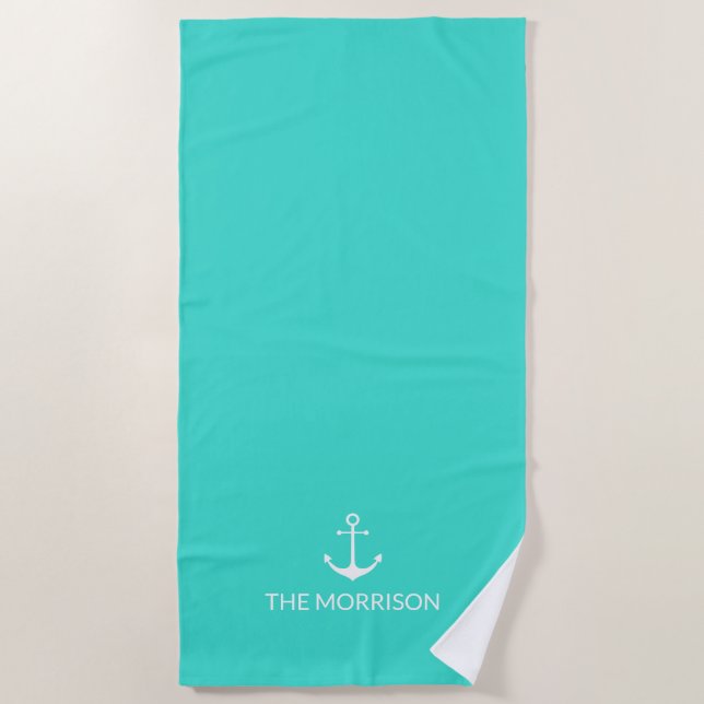 Nautical Custom Boat Name white anchor turquoise Beach Towel (Front)