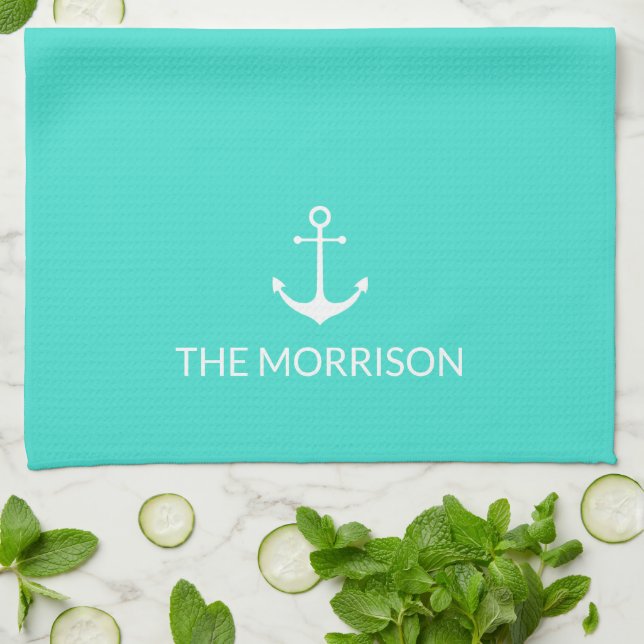 Nautical Custom Boat Name white anchor turquoise Tea Towel (Folded)