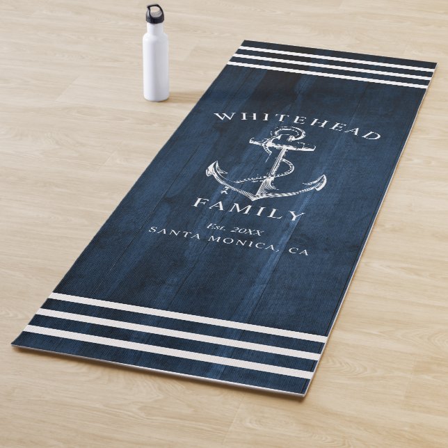 Nautical Custom Family Anchor Navy Blue Wood  Yoga Mat (In Situ)