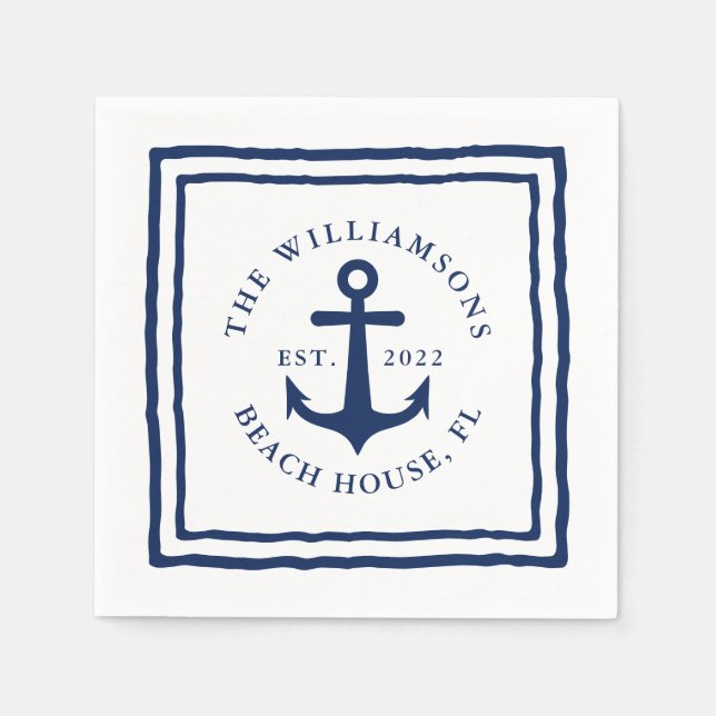 Nautical Custom Family Name White Navy Blue Anchor Napkin (Front)
