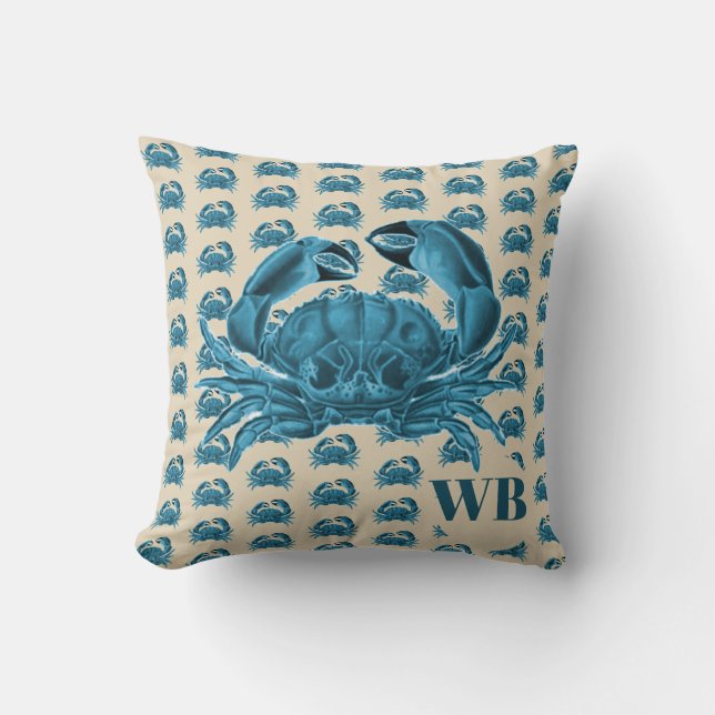 Nautical Custom Monogram Crab in Blue and Tan Cushion (Front)