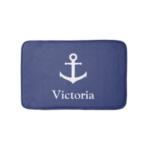 Nautical Custom Name Blue and White Anchor Bath Mat