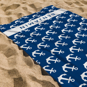 Nautical Custom Name Navy Blue White Anchor Beach Towel