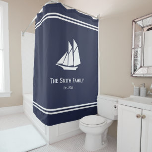 Nautical Custom Text on Midnight Blue and White Shower Curtain