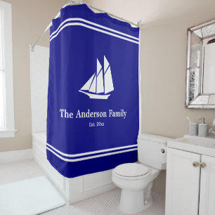 Nautical Custom Text on Navy Blue and White  Shower Curtain