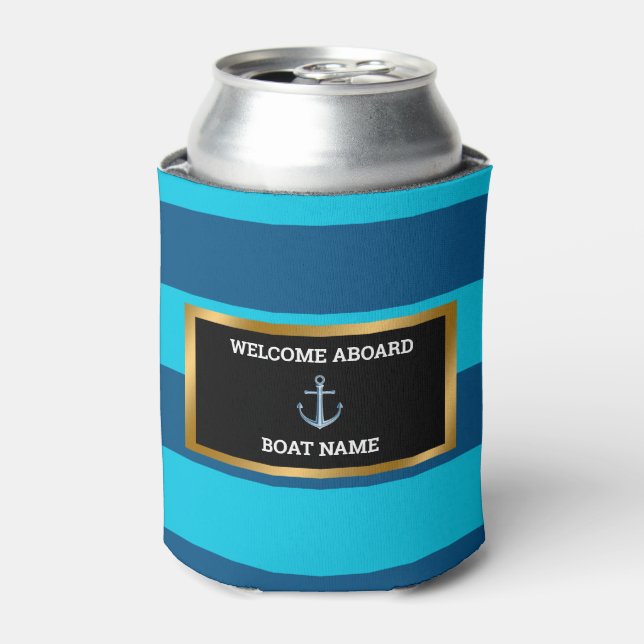 Nautical Customise Boat Name Anchor Navy Blue Can Cooler (Can Front)