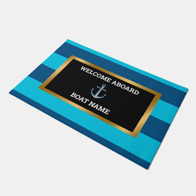 Nautical Customise Boat Name Anchor Navy Blue Doormat (Angled)