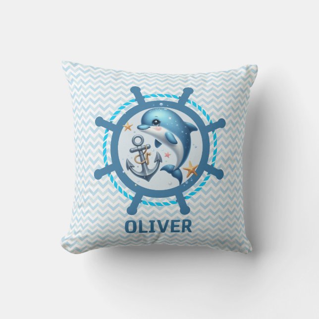 Nautical Cute Dolphin & Anchor in Ship Wheel  Cushion (Front)