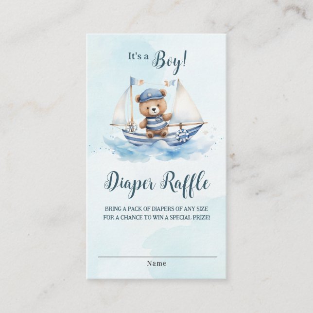 Nautical Cute Teddy Bear Boat Baby Diaper Raffle  Enclosure Card (Front)