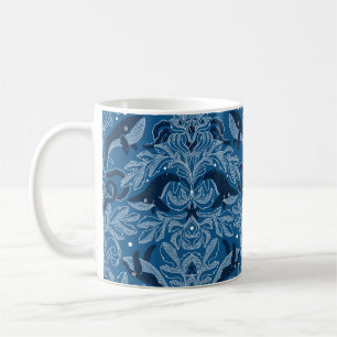 Nautical damask texture with whales, modern vintag coffee mug
