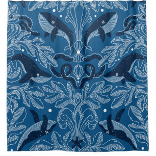 Nautical damask texture with whales, modern vintag shower curtain