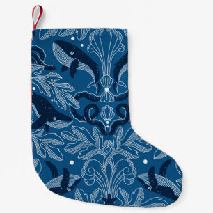Nautical damask texture with whales, modern vintag small christmas stocking