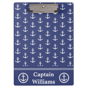 Nautical Dark Blue and White Name Anchor Pattern Clipboard