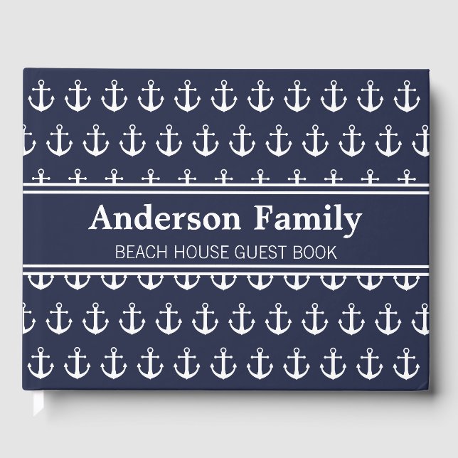 Nautical Dark Blue and White Name Beach House Guest Book (Front)