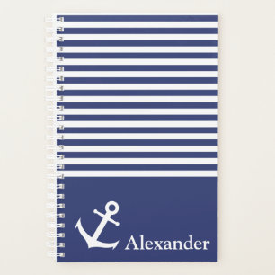 Nautical Dark Blue and White Striped Name Anchor Planner