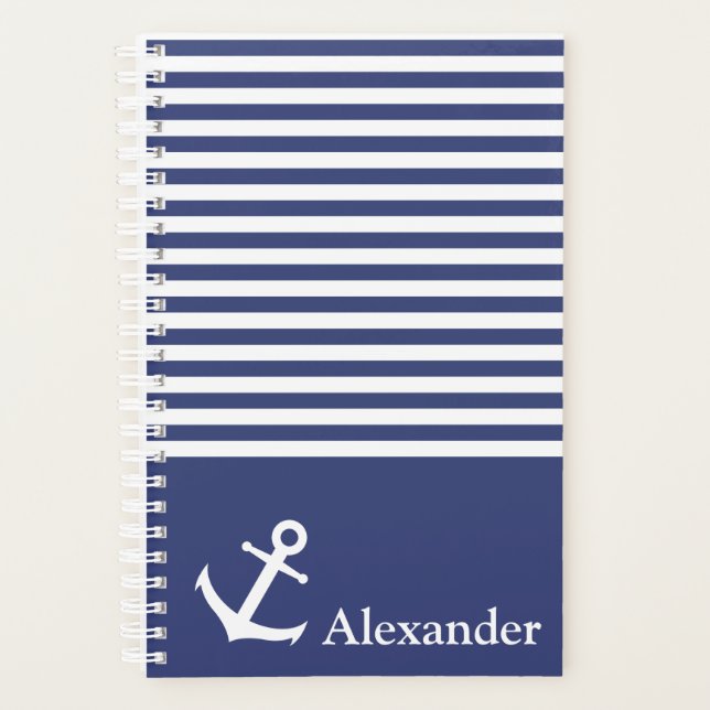Nautical Dark Blue and White Striped Name Anchor Planner (Front)