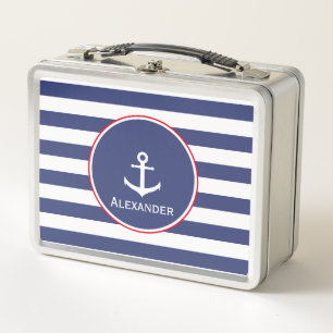 Nautical Dark Blue and White Stripes Anchor Name Metal Lunch Box