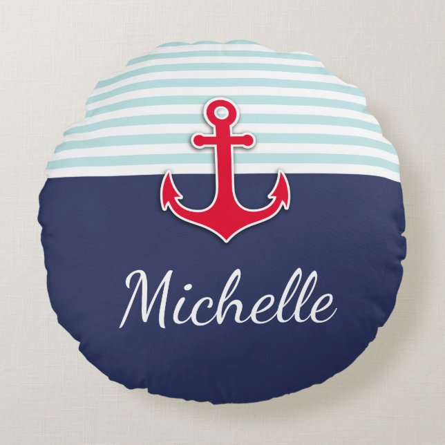 Nautical Dark Blue Personalised Text Design Round Cushion (Front)