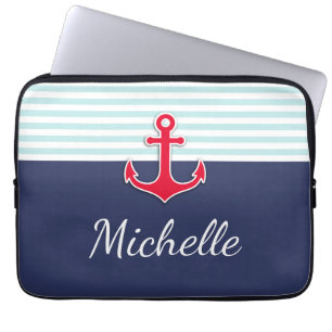 Nautical Dark Blue Red Design Custom Name Laptop Sleeve