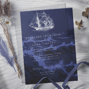 Nautical Dark Blue Waves Background Wedding Invitation