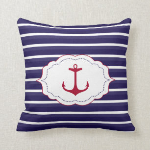 Nautical  Dark Blue  White Stripes Red Anchor Cushion