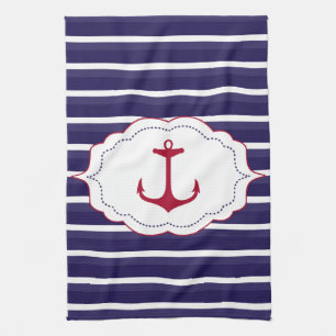 Nautical Dark Blue White Stripes Red Anchor Tea Towel